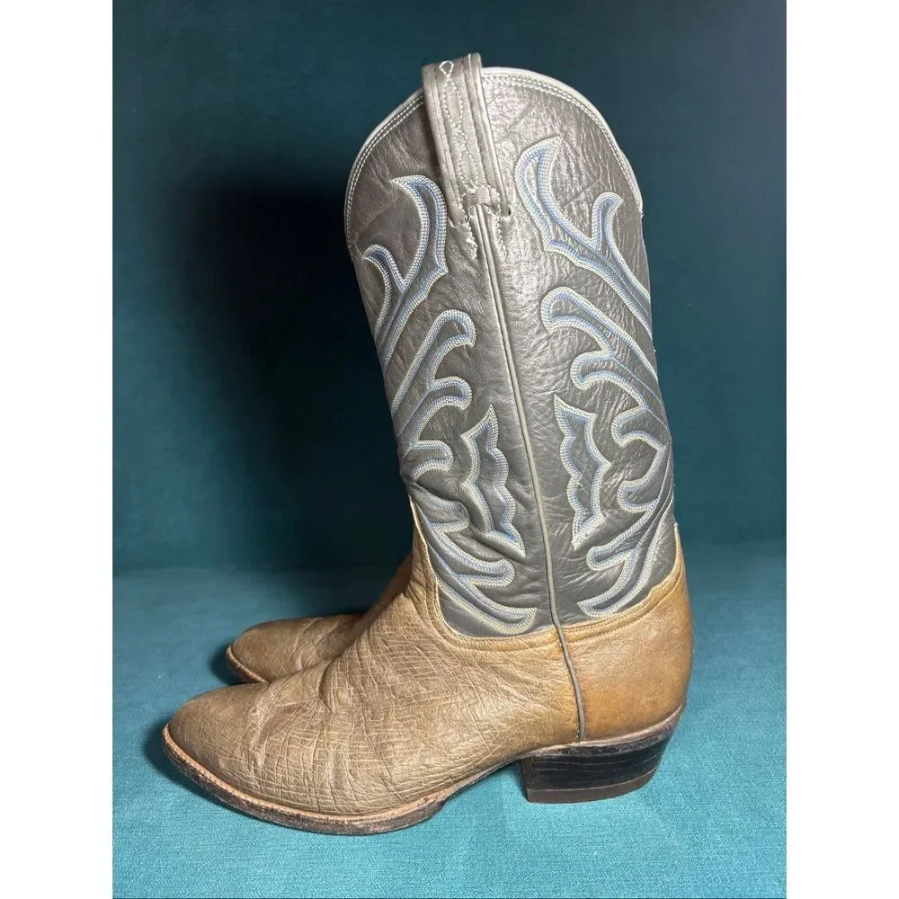 Tony Lama Western Cowboy Boots Men’s Size 11.5 Brown Textured Leather Gray Shaft